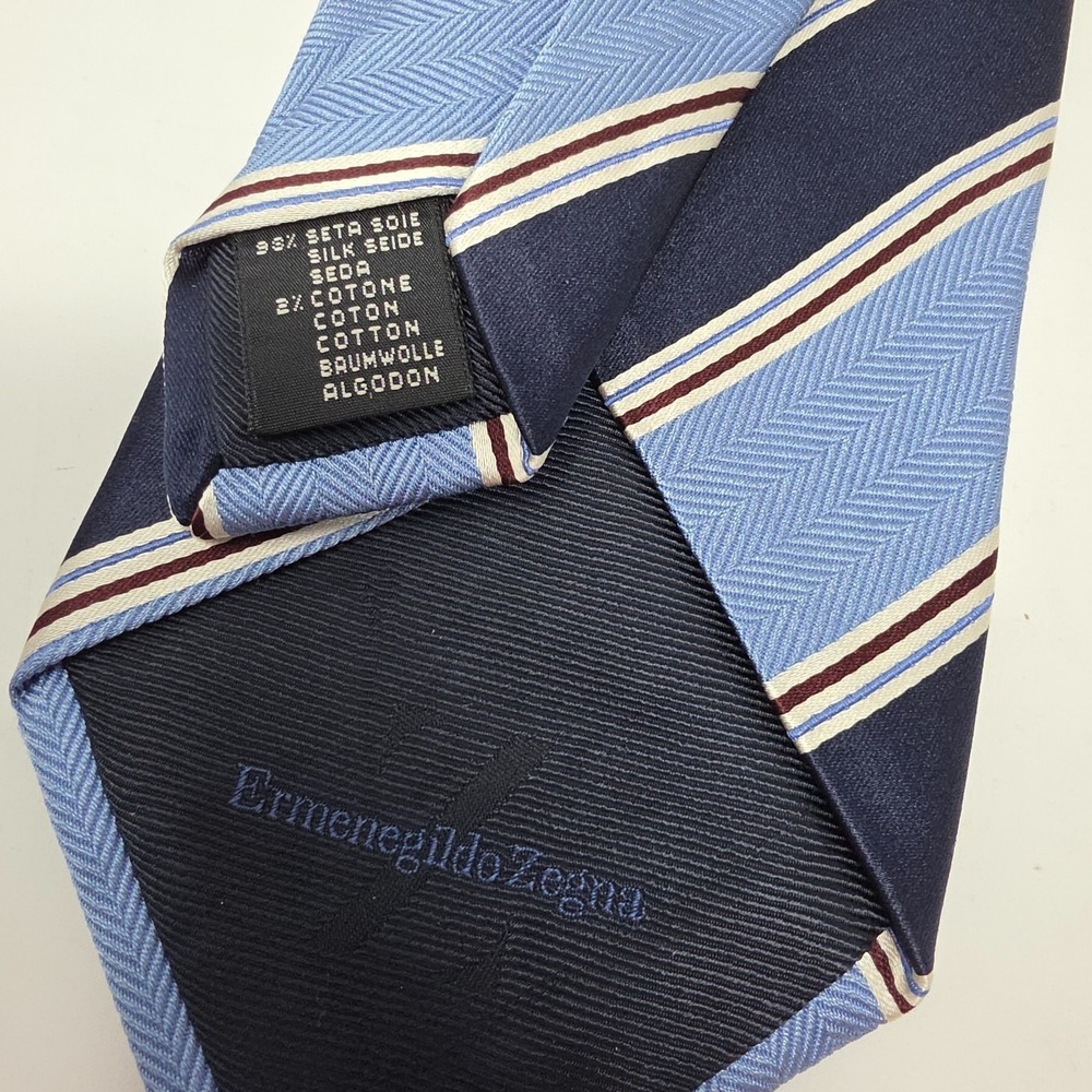 Ermenegildo Zegna Tie Mens Navy Blue Striped Silk Blend Italy Made Long 60" - Picture 3 of 4